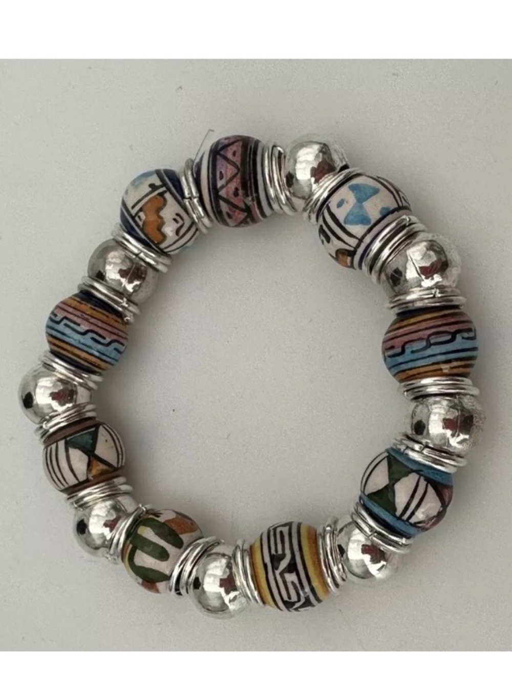 Multi-Color Beaded Women’s Bracelet — Hand-Painted Peruvian & Silver Beads